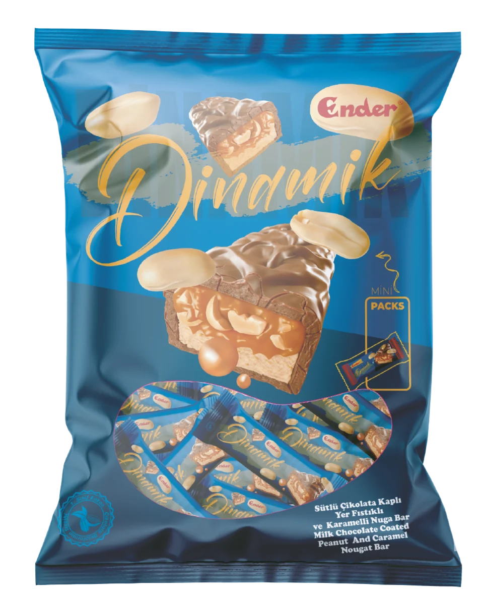 Ender Dinamik 200 g · Doypack — Barra de turrón con cacahuete y caramelo con cobertura de chocolate con leche